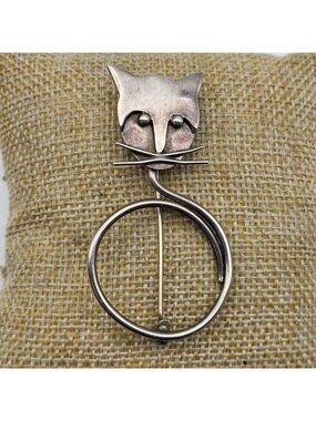 Amazing Sterling Silver Mexico Kitty Cat Kitten Brooch Pin MCM Eyeglasses holder